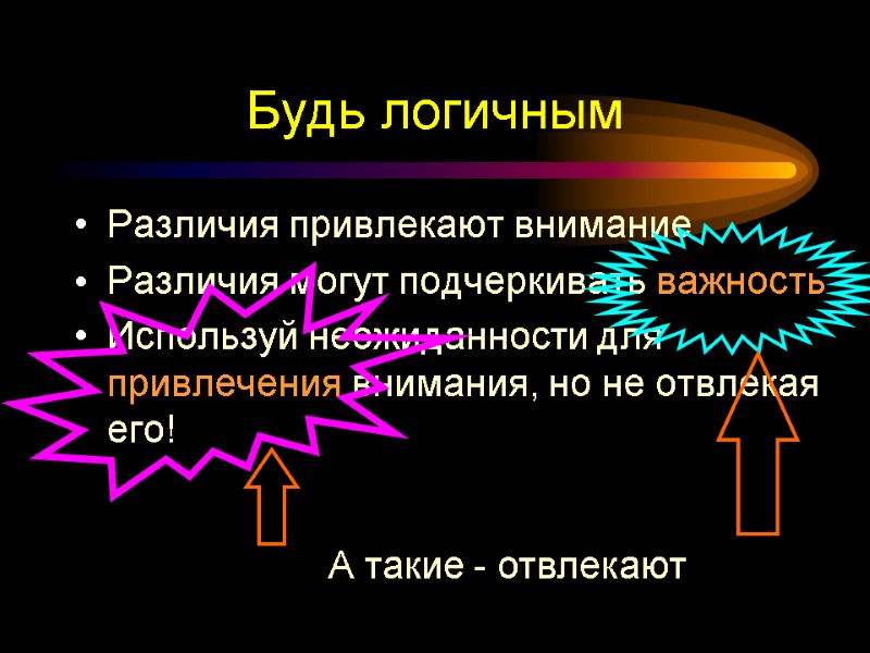 Будь логичным Различия привлекают внимание Различия могут подчеркивать важность Используй неожиданности для привлечения внимания,